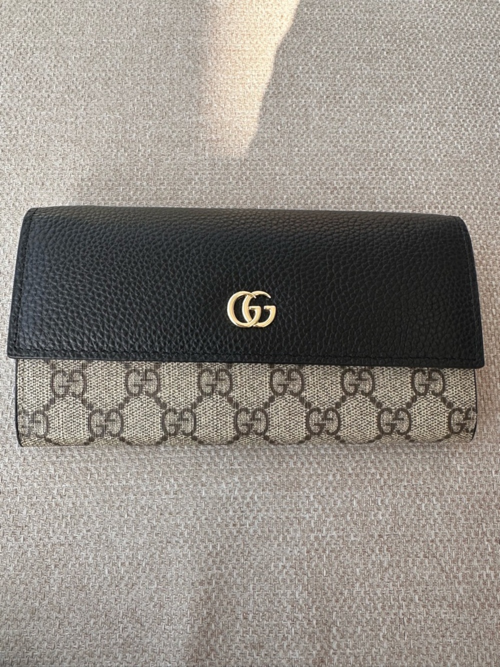 Gucci Black Leather & Beige GG Canvas Continental Wallet with Gold Hardware